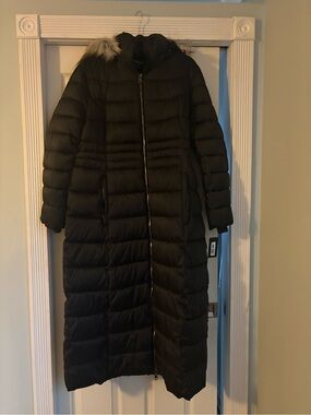 Kenneth Cole Black Long Quilted Puffer Coat with Faux Fur Hood Trim